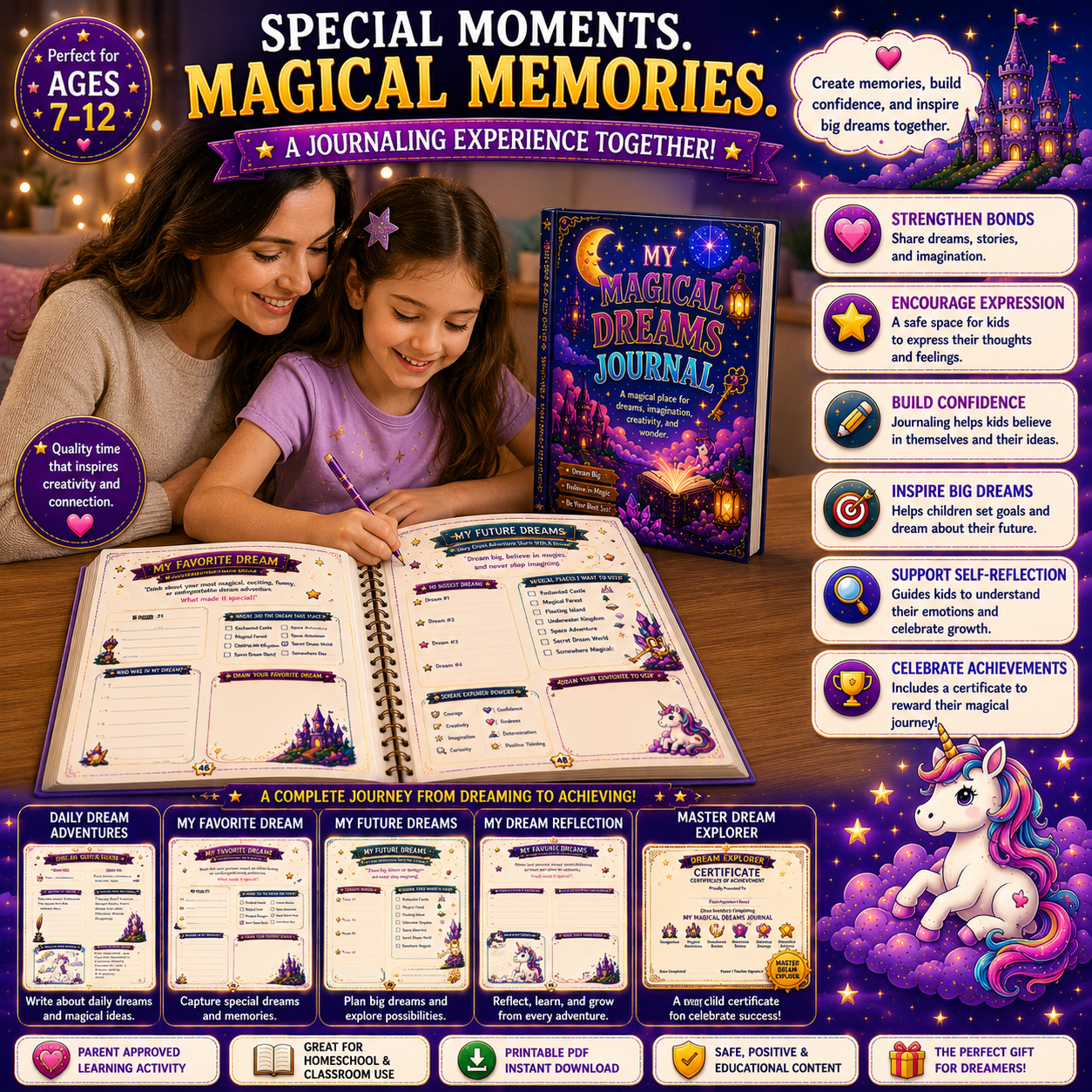 Child using My Magical Dreams Journal for Kids printable journal designed to encourage creativity, imagination, emotional well-being, and self-expression