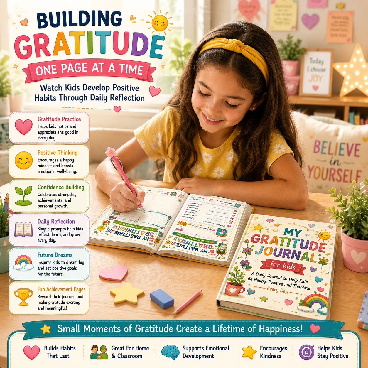 Child using My Gratitude Journal for Kids printable journal designed to encourage gratitude, mindfulness, emotional well-being, and positive self-expression