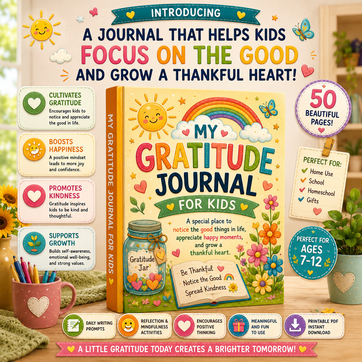 My Gratitude Journal for Kids printable gratitude and reflection journal PDF for ages 7 to 12 featuring daily gratitude prompts, positive thinking activities, and mindfulness exercises