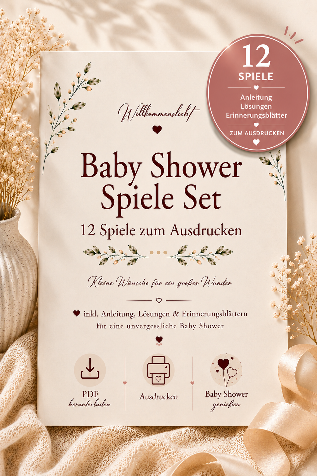 Baby Shower Spiele Set PDF zum Ausdrucken mit 12 modernen Spielen, Erinnerungsseiten und botanischem Unisex Design