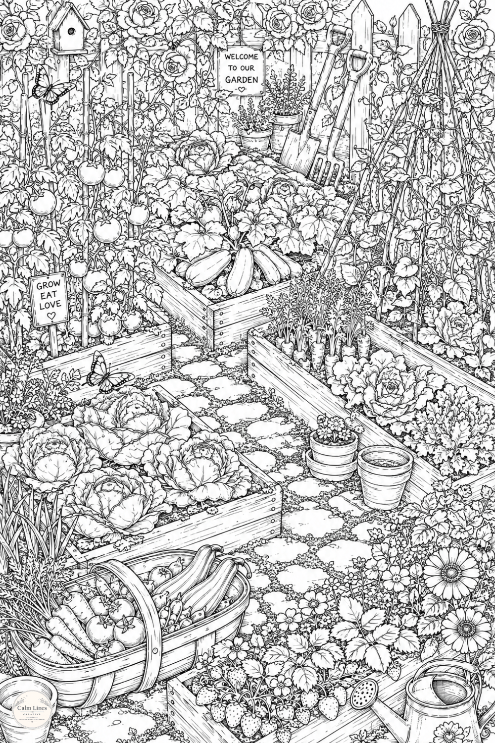 Cottage garden coloring page featuring a peaceful garden bench, flower beds, potted plants, a stone path and a cozy garden shed.