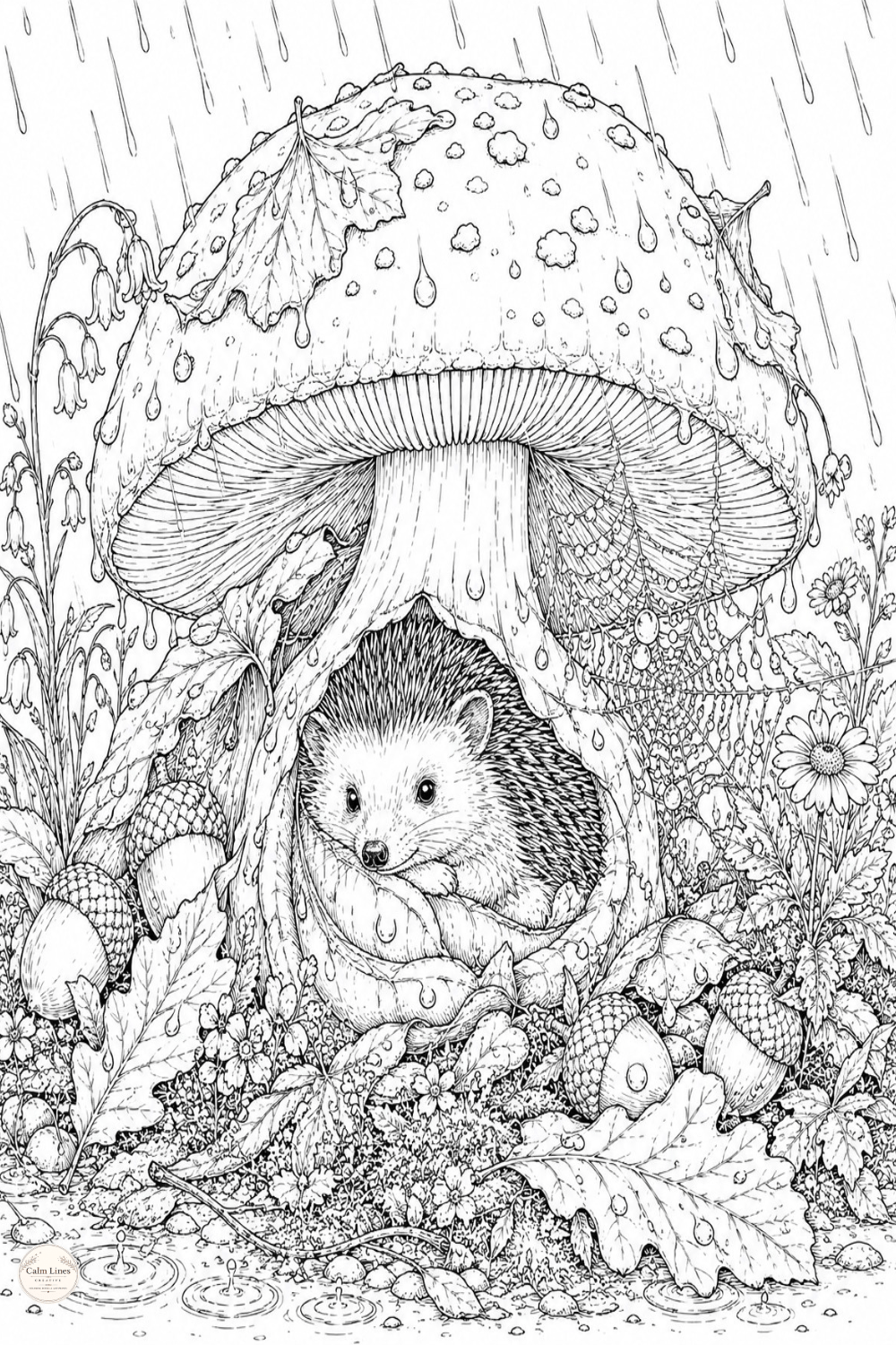 Whimsical cottage garden coloring page featuring a cute hedgehog resting beneath a large mushroom, surrounded by wildflowers and tiny woodland details.