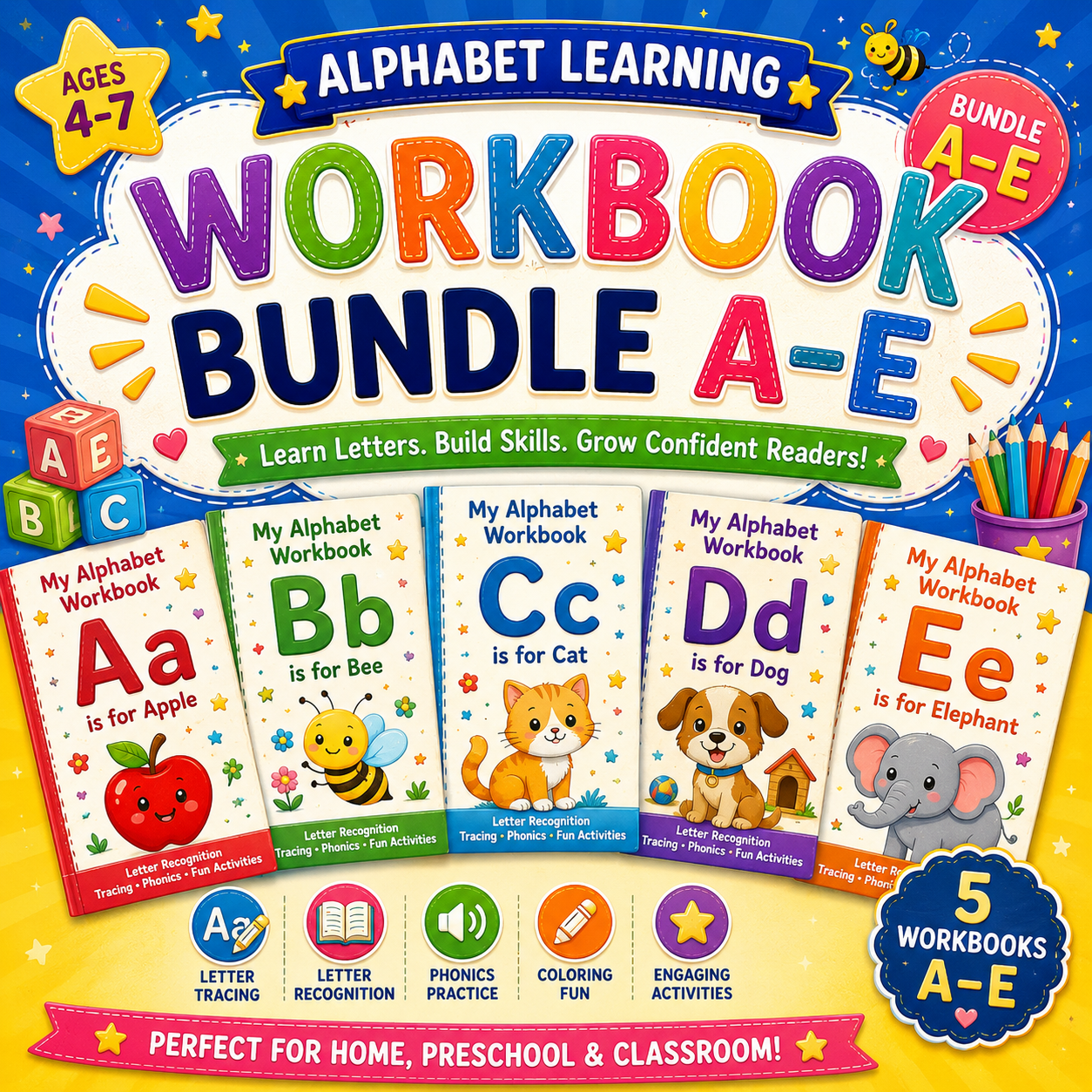 Alphabet Learning Workbook Bundle A to E printable preschool and kindergarten worksheets PDF featuring letter tracing, coloring, matching, and early literacy activities