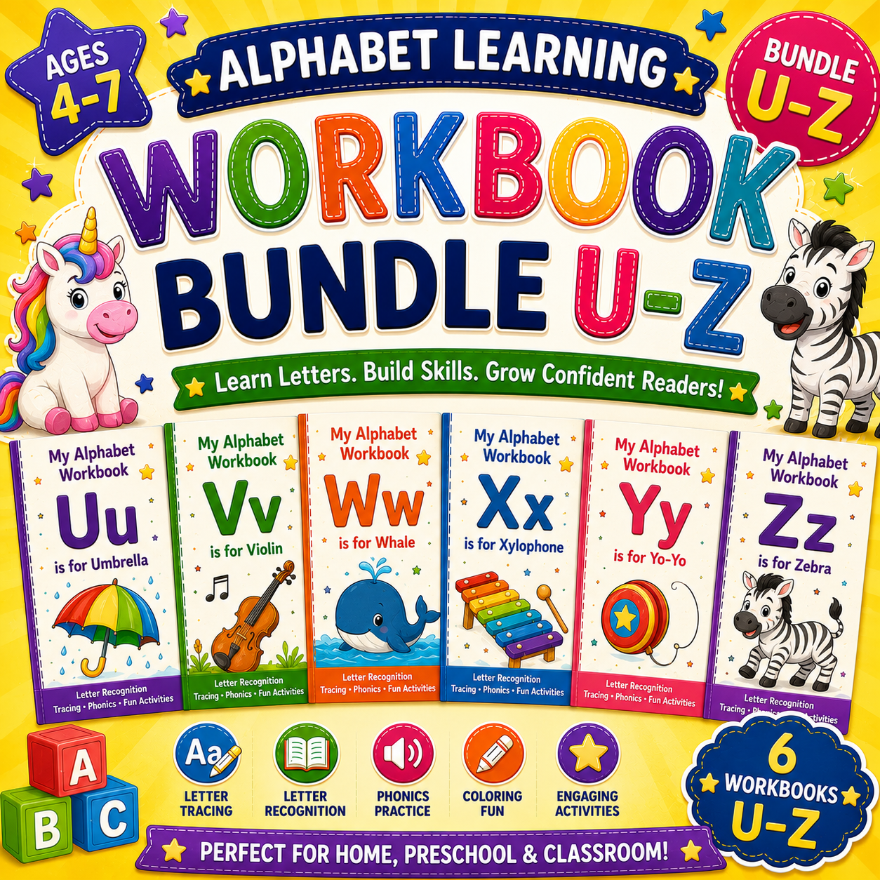 Alphabet Learning Workbook Bundle U to Z printable preschool and kindergarten worksheets PDF featuring letter tracing, coloring, matching, and early literacy activities