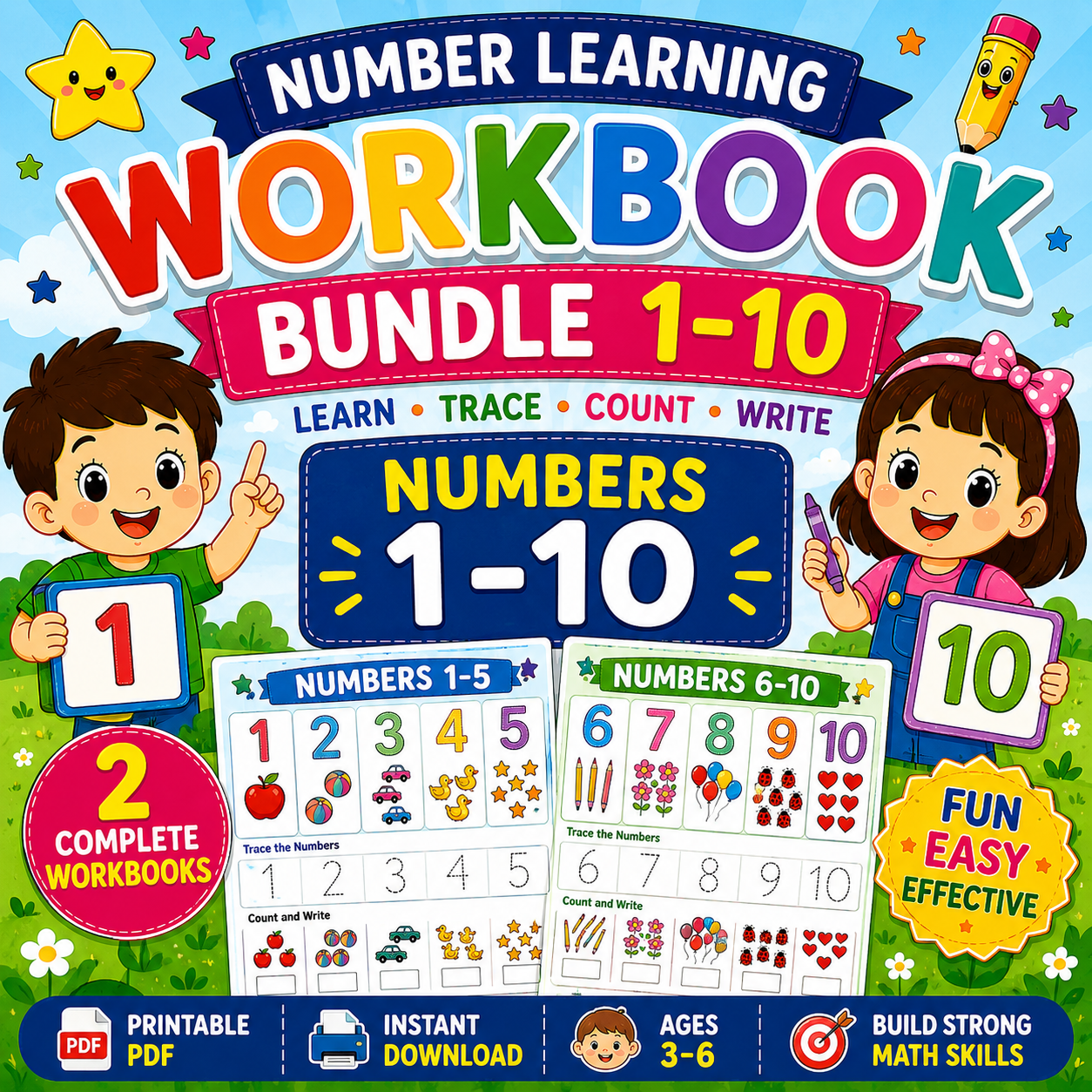 Numbers Learning Workbook Bundle 1 to 10 printable preschool and kindergarten math worksheets PDF featuring number tracing, counting activities, coloring, and early math skills