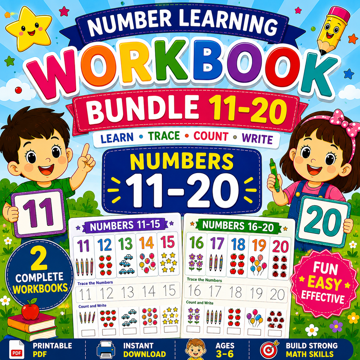 Numbers Learning Workbook Bundle 11 to 20 printable preschool and kindergarten math worksheets PDF featuring number tracing, counting activities, coloring, and early math skills