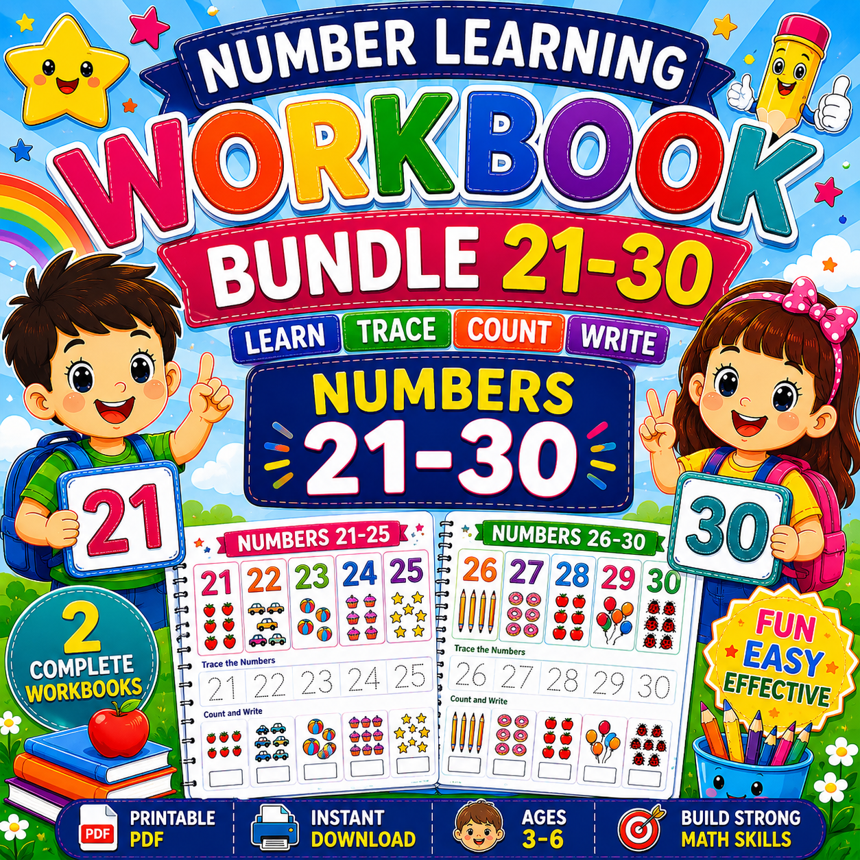 Numbers Learning Workbook Bundle 21 to 30 printable preschool and kindergarten math worksheets PDF featuring number tracing, counting activities, coloring, and early math skills