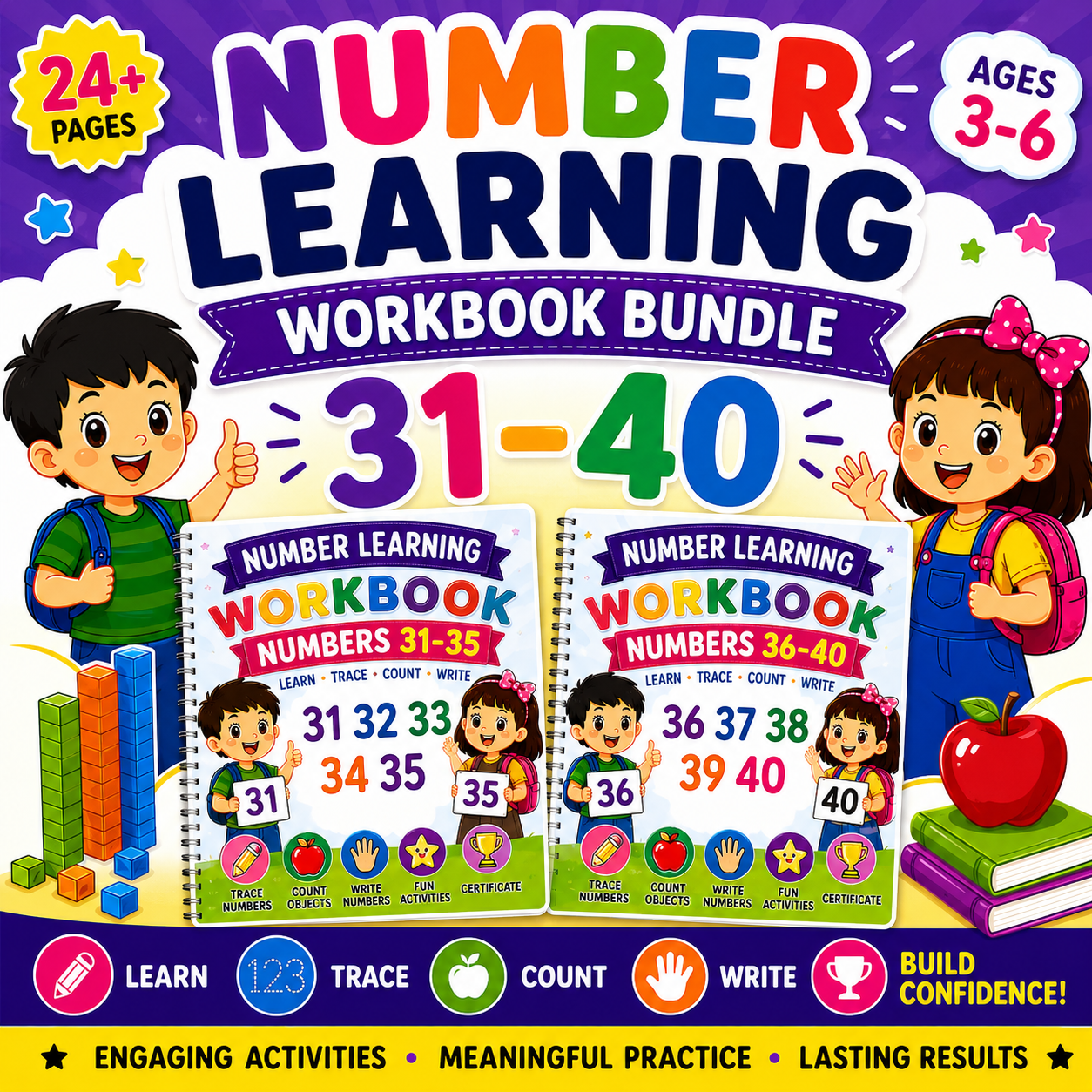Numbers Learning Workbook Bundle 31 to 40 printable preschool and kindergarten math worksheets PDF featuring number tracing, counting activities, coloring, and early math skills