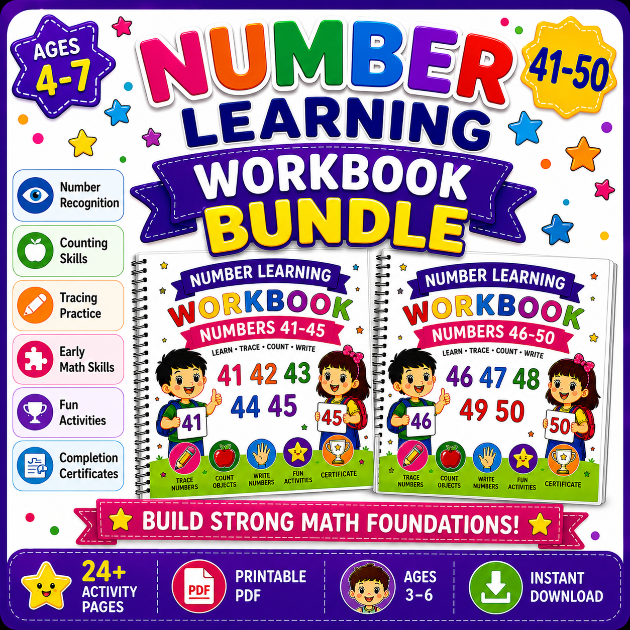Numbers Learning Workbook Bundle 41 to 50 printable preschool and kindergarten math worksheets PDF featuring number tracing, counting activities, coloring, and early math skills