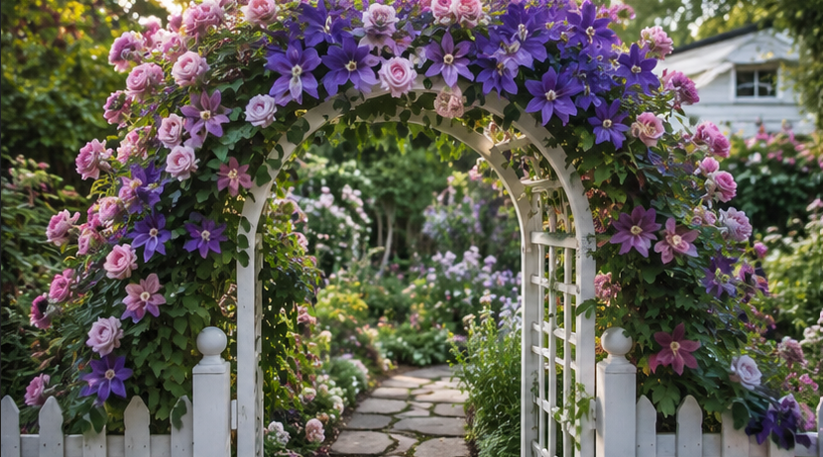 A charming white wooden garden arch completely covered with blooming pink climbing roses and purple clematis, leading into a lush English cottage garden. Stone pathway, pastel flowers, soft morning light, ultra-realistic, cozy storybook atmosphere