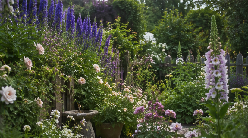 A beautiful cottage-style flower bed mixing lavender, rosemary, sage, chamomile, mint, and blooming roses around rustic terracotta pots. Warm sunlight, lush greenery, cozy English garden aesthetic