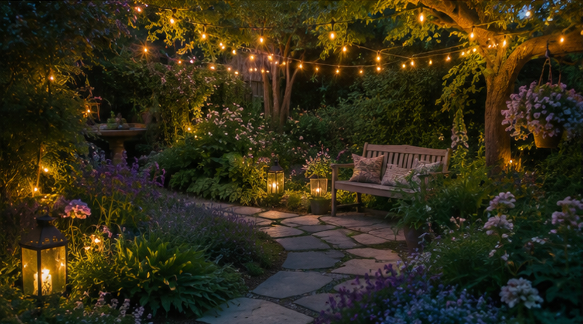 A magical backyard garden at dusk with warm white solar fairy lights hanging between trees, glowing lanterns along a winding stone path, blooming flowers, rustic wooden bench, dreamy fairytale atmosphere