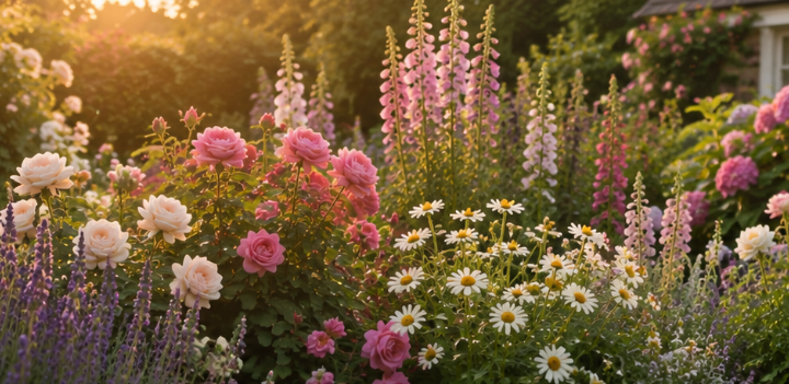 A lush romantic flower garden filled with pink roses, white daisies, lavender, foxgloves, hydrangeas, and cosmos swaying gently in the breeze. Soft golden sunlight, English cottage garden, vibrant yet natural colors