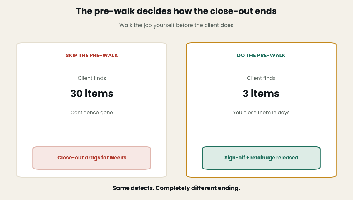 Construction punch list pre-walk comparison: skip it and the client finds 30 items and the close-out drags; do it and they find 3 and retainage releases