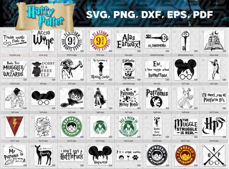 Harry Potter product mockup collection including shirts, mugs, tote bags, tumblers, framed art, pillows, and pouches for displaying SVG designs.
