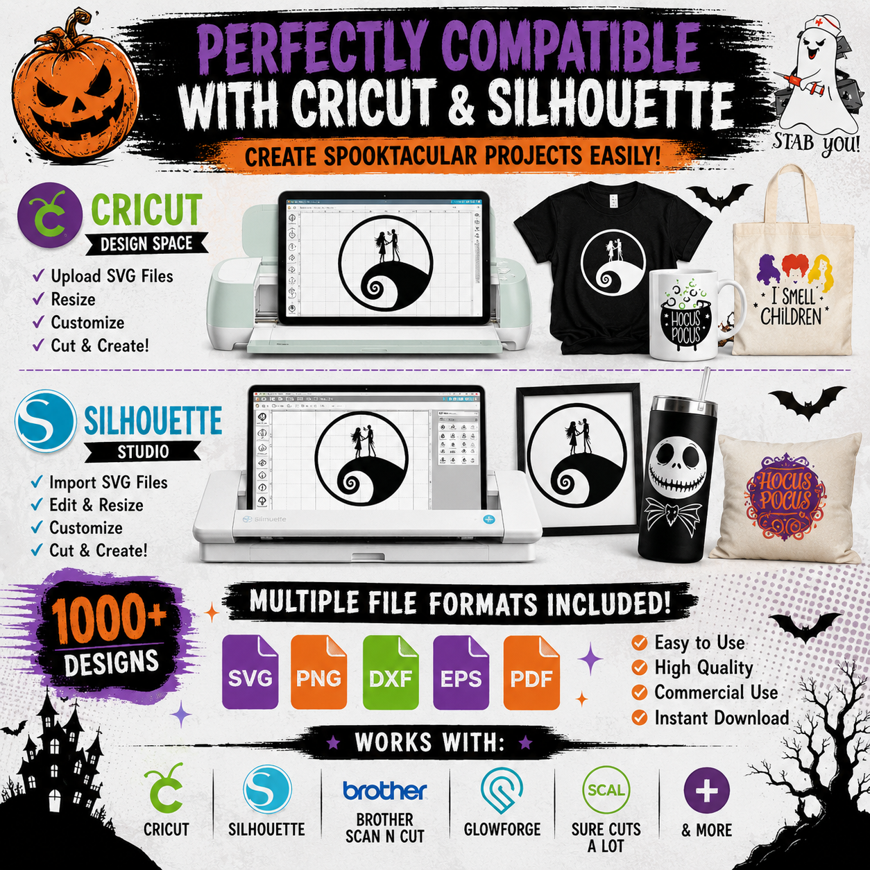 Halloween SVG bundle compatible with Cricut Design Space and Silhouette Studio for DIY crafts, shirts, signs, mugs and home decor.