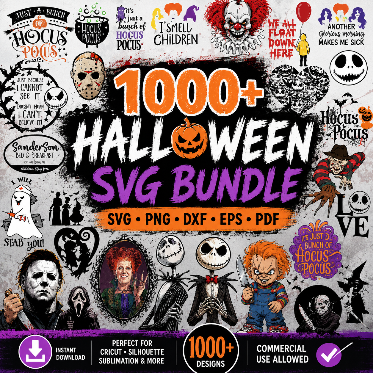 1000+ Halloween SVG bundle with spooky, horror, witch, ghost and fall themed SVG, PNG, DXF and EPS files for Cricut, Silhouette and commercial use.