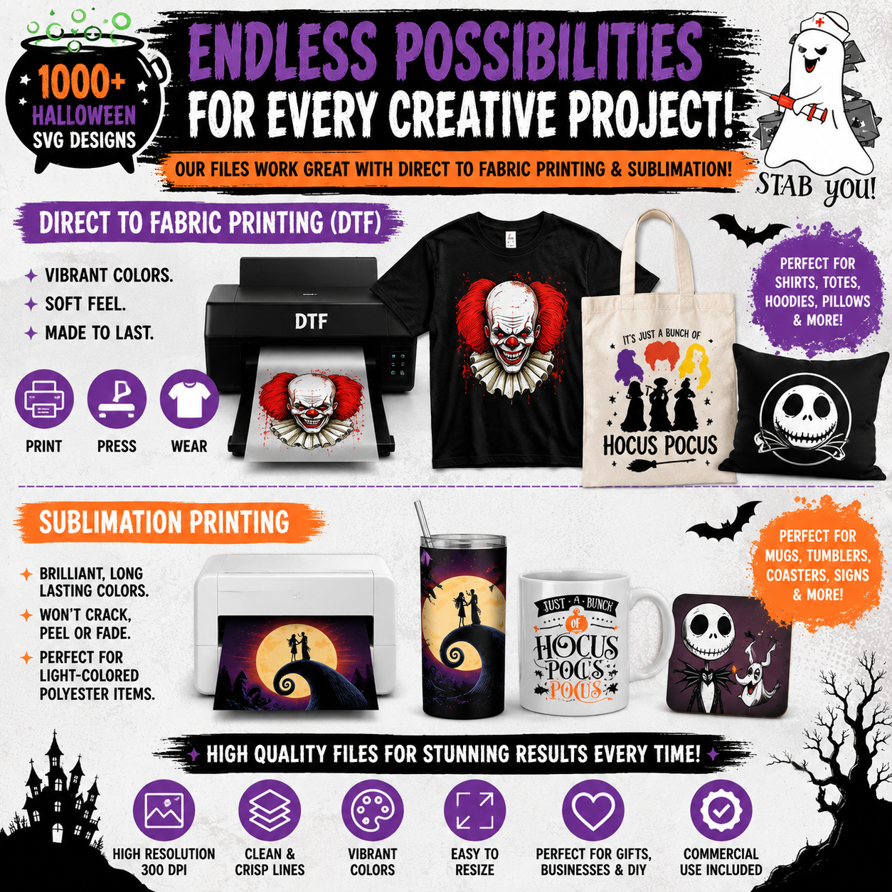 Halloween SVG files for direct to film (DTF) printing and sublimation on shirts, tumblers, mugs, tote bags and other personalized gifts.