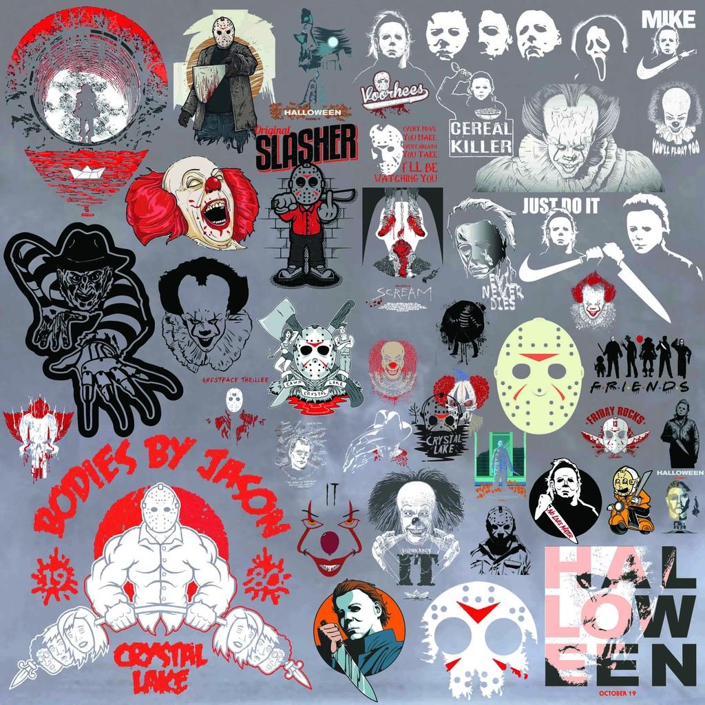 Close-up preview of Halloween SVG bundle showing horror, spooky, witch, ghost and fall themed digital craft designs.