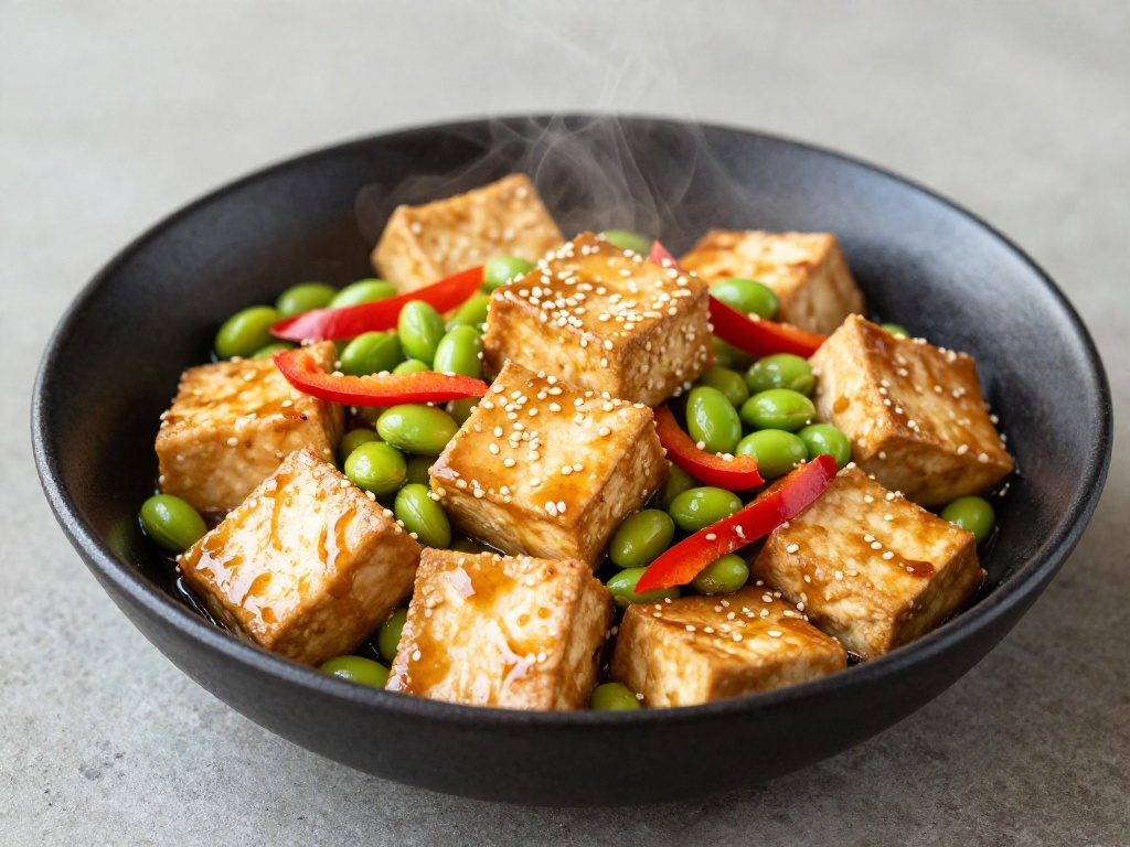 Inside page preview of Tofu and Edamame Stir-Fry, a plant-based vegan recipe rich in non-heme iron to help raise haemoglobin levels.