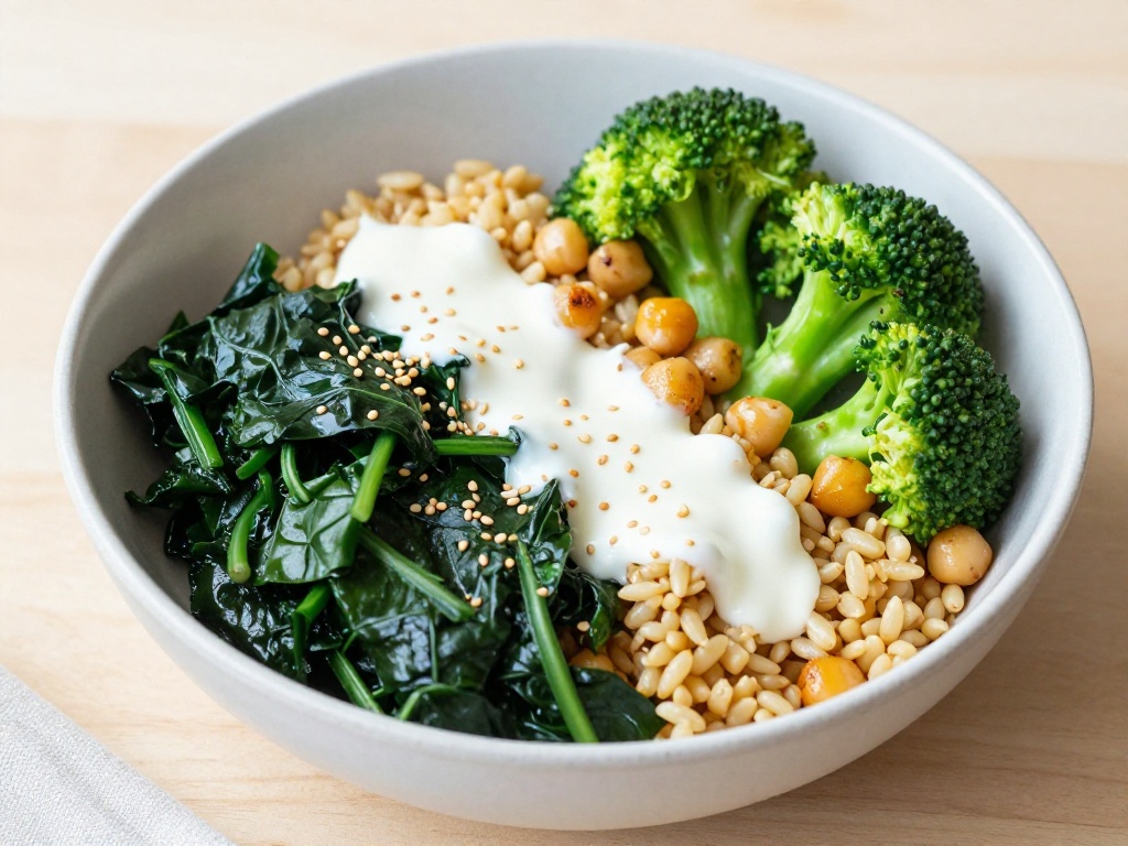 Inside page preview of Sesame Tahini and Dark Greens Grain Bowl recipe, a nutrient-dense vegetarian meal to help increase iron levels naturally.