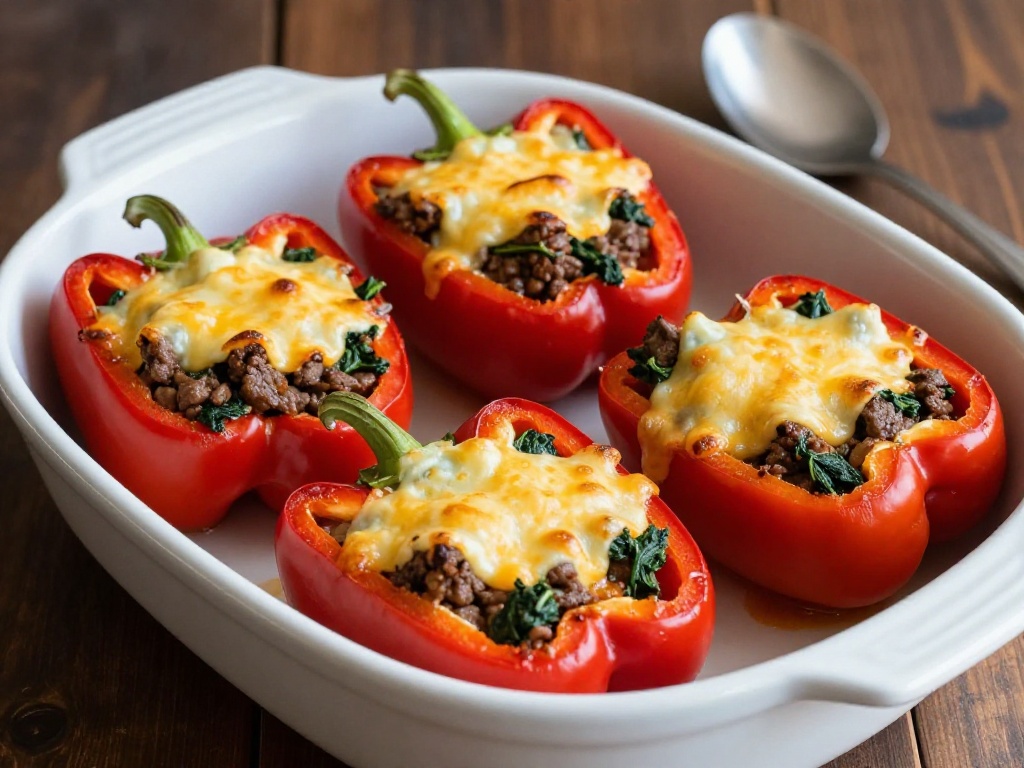 Inside page preview of Beef and Spinach Stuffed Bell Peppers recipe, a healthy dinner meal idea to help increase iron levels naturally.