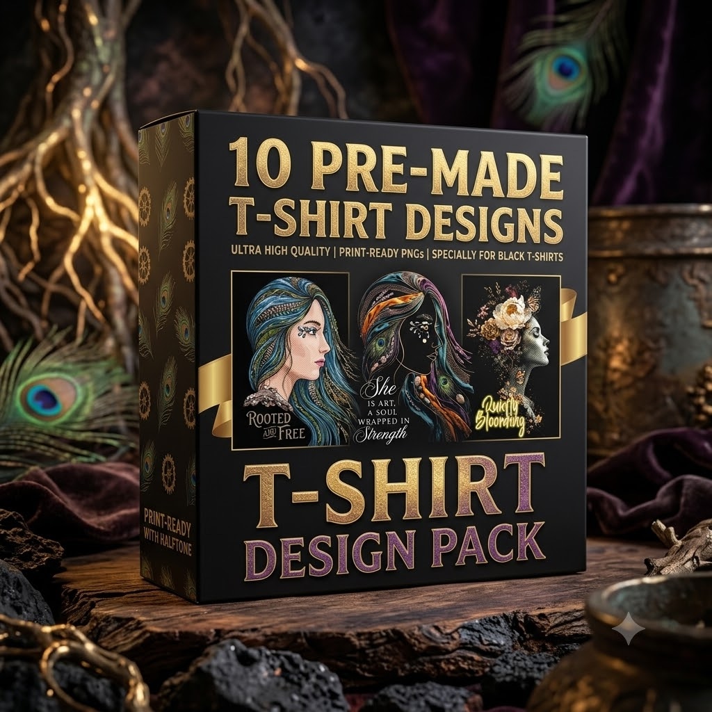 Boho Mystical Botanical Woman Portrait T-Shirt Design | Premium Vintage Line Art | PSD PNG Printable Graphic