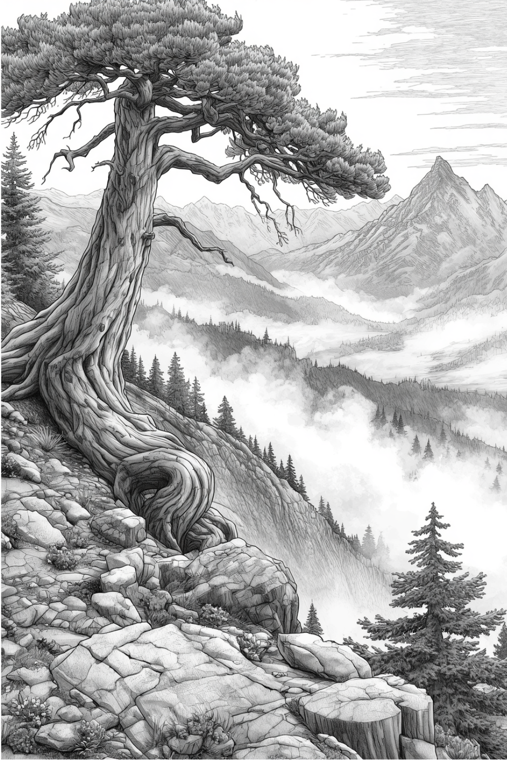 Detailed grayscale coloring page of a gnarled ancient pine tree with twisted spiral trunk clinging to rocky cliff edge overlooking misty mountain valley with forest below, intricate bark texture and sweeping branches, from Where the Forest Sleeps coloring