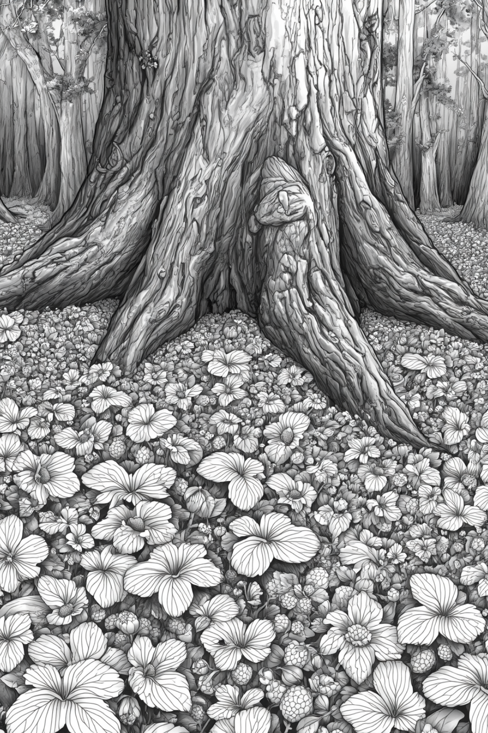 Detailed grayscale coloring page of massive ancient cedar tree trunk base with deeply textured bark and hollow root cavity, surrounded by dense carpet of wildflowers and large leaves on forest floor, from Where the Forest Sleeps coloring book.