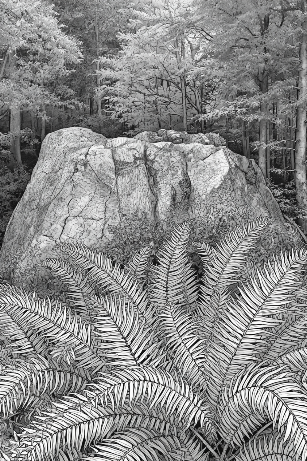 Detailed grayscale coloring page of massive ancient cedar tree trunk base with deeply textured bark and hollow root cavity, surrounded by dense carpet of wildflowers and large leaves on forest floor, from Where the Forest Sleeps coloring book.