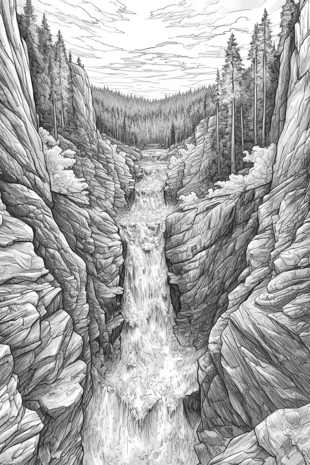 Detailed grayscale coloring page of a powerful waterfall cascading through a deep rocky canyon with layered stone walls and pine trees visible at the top against a cloudy sky, from Where the Forest Sleeps coloring book.