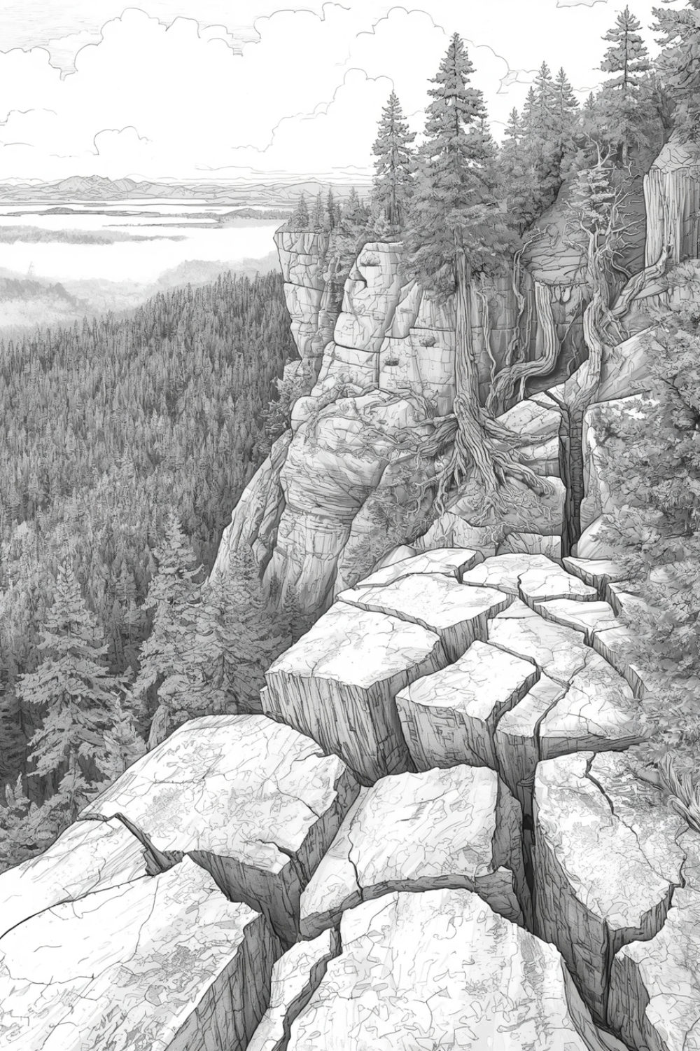 Detailed grayscale coloring page of a dramatic rocky cliff edge with cracked layered stone surface and gnarled trees clinging to the rocks overlooking an endless taiga forest with misty lakes visible on the distant horizon, from Where the Forest Sleeps co