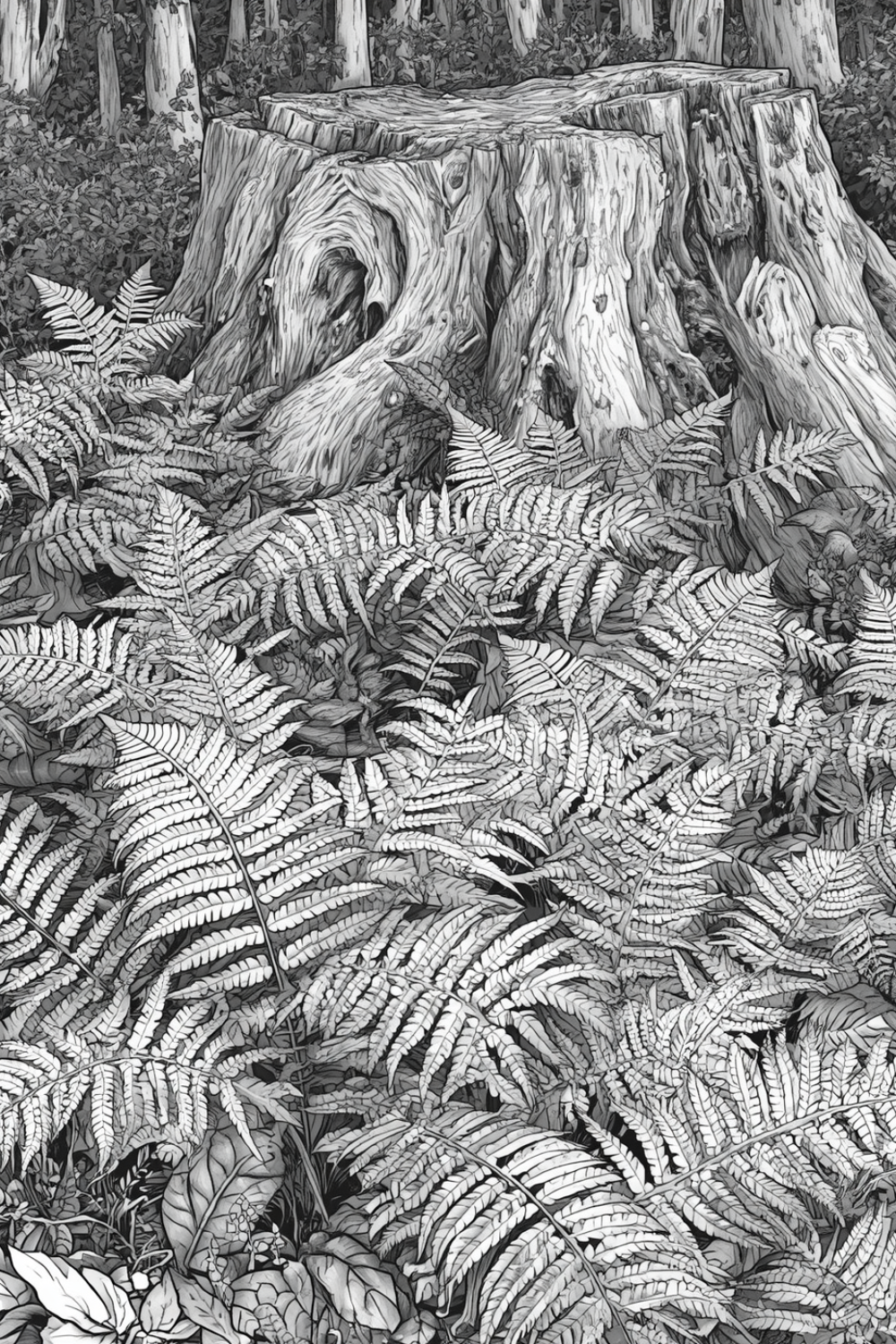 Detailed grayscale coloring page of a large weathered tree stump with gnarled textured surface surrounded by dense intricate fern foliage on a forest floor with tall trees in background, from Where the Forest Sleeps coloring book.