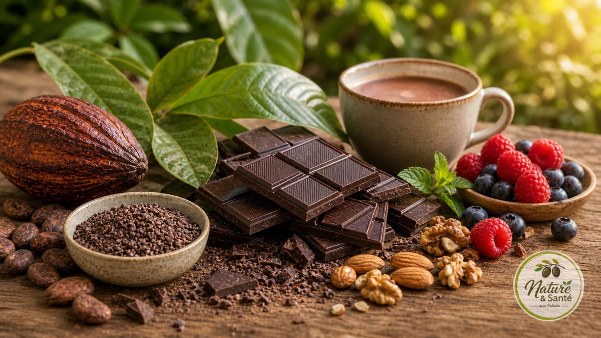 Chocolat noir, cacao, fruits rouges et noix dans une scène lumineuse évoquant les bienfaits naturels.
