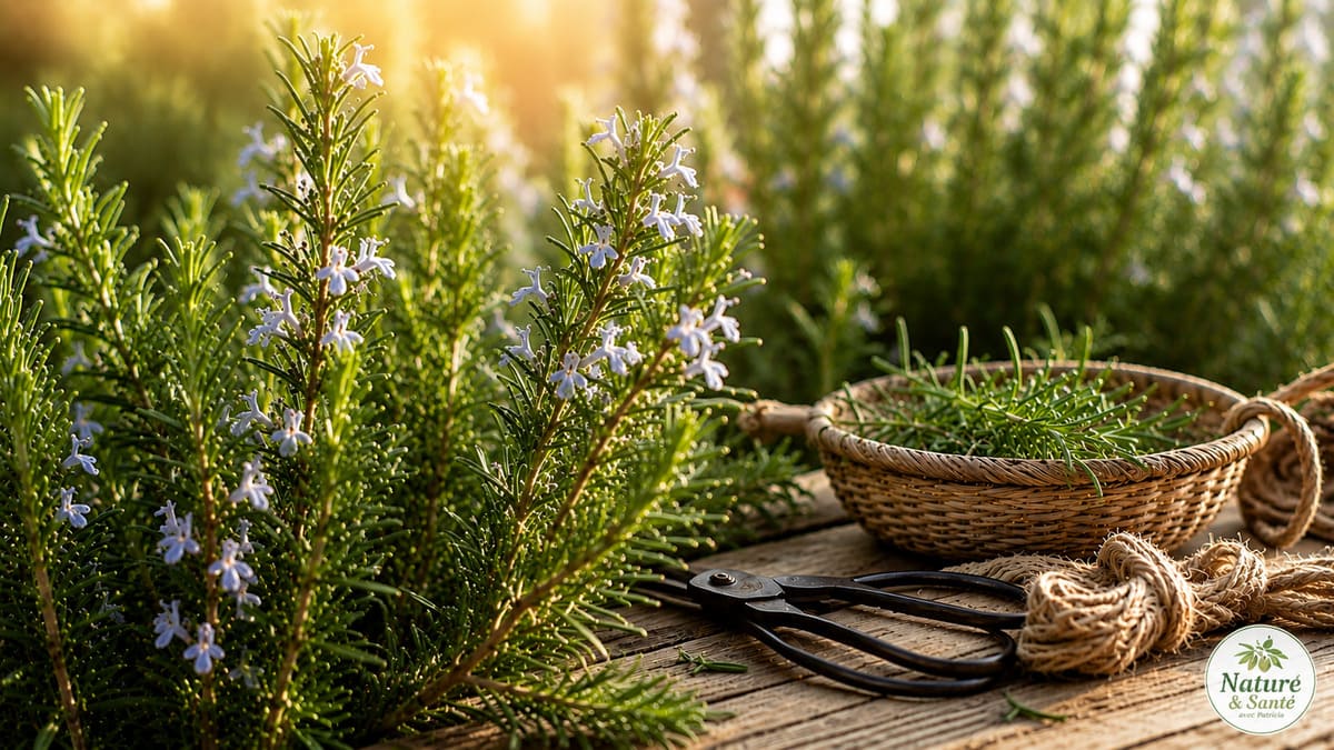 Illustration naturelle du romarin en fleurs, une plante aromatique traditionnellement utilisée en phytothérapie pour ses propriétés digestives, tonifiantes et antioxydantes.