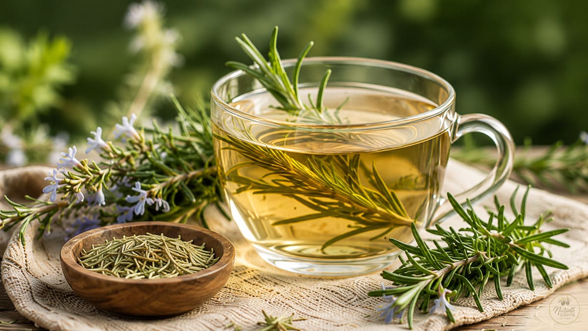 Illustration naturelle des bienfaits du romarin. Cette plante aromatique est traditionnellement appréciée pour soutenir la digestion, la mémoire, la circulation et le tonus général.