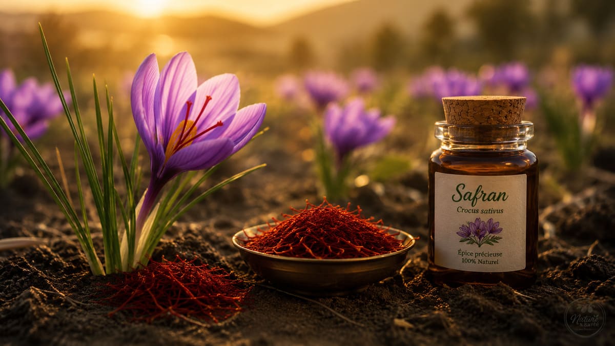 Fleur de safran (Crocus sativus) et pistils rouges séchés, origine naturelle d'une épice précieuse aux nombreux bienfaits.