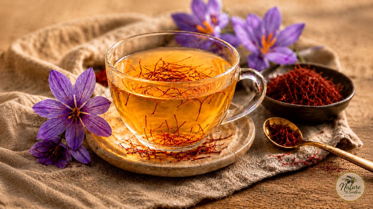 Illustration naturelle d'une infusion de safran entourée de fleurs de crocus et de précieux stigmates, évoquant les bienfaits traditionnels du safran sur l'humeur, le stress, le sommeil et le bien-être émotionnel.