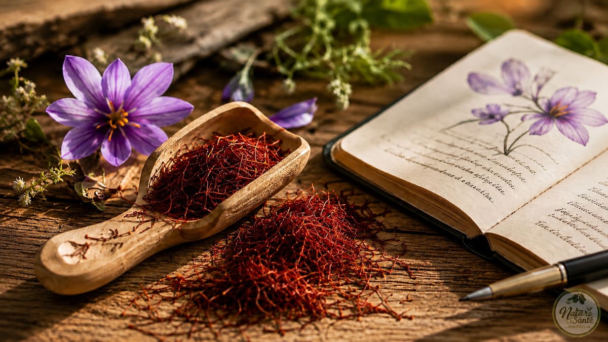 Pistils de safran et fleur de Crocus sativus dans une ambiance naturelle et chaleureuse, illustrant les précautions, le dosage et les conseils d'utilisation du safran pour profiter de ses bienfaits en toute sécurité.