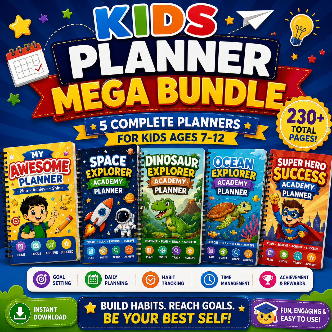 Kids Planners Mega Bundle printable PDF collection featuring 5 complete planners for kids ages 7 to 12 with goal setting, habit tracking, daily planning, and productivity activities