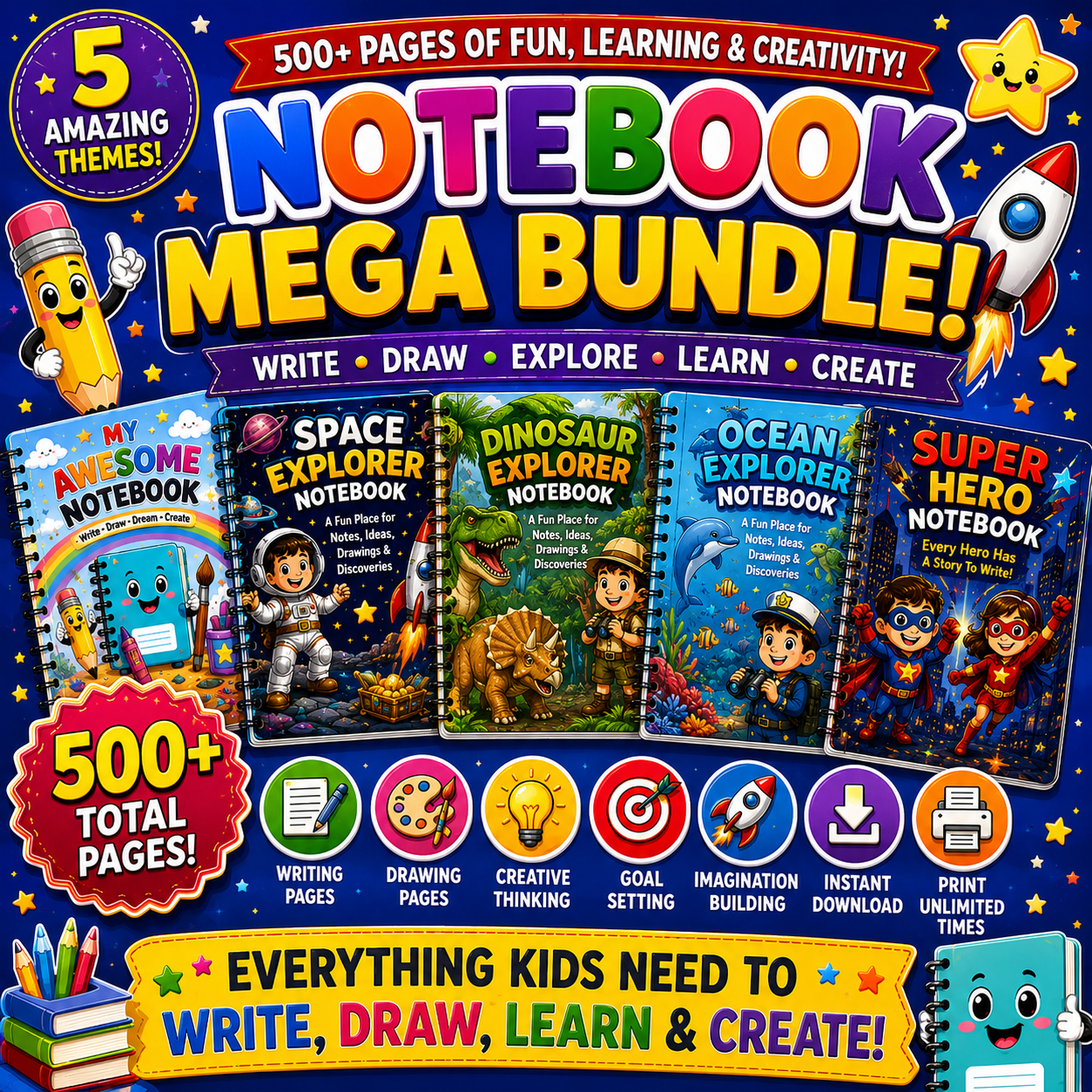 Kids Notebooks Mega Bundle printable PDF collection featuring 5 creative notebooks for kids ages 7 to 12 with writing, drawing, note-taking, and learning activities