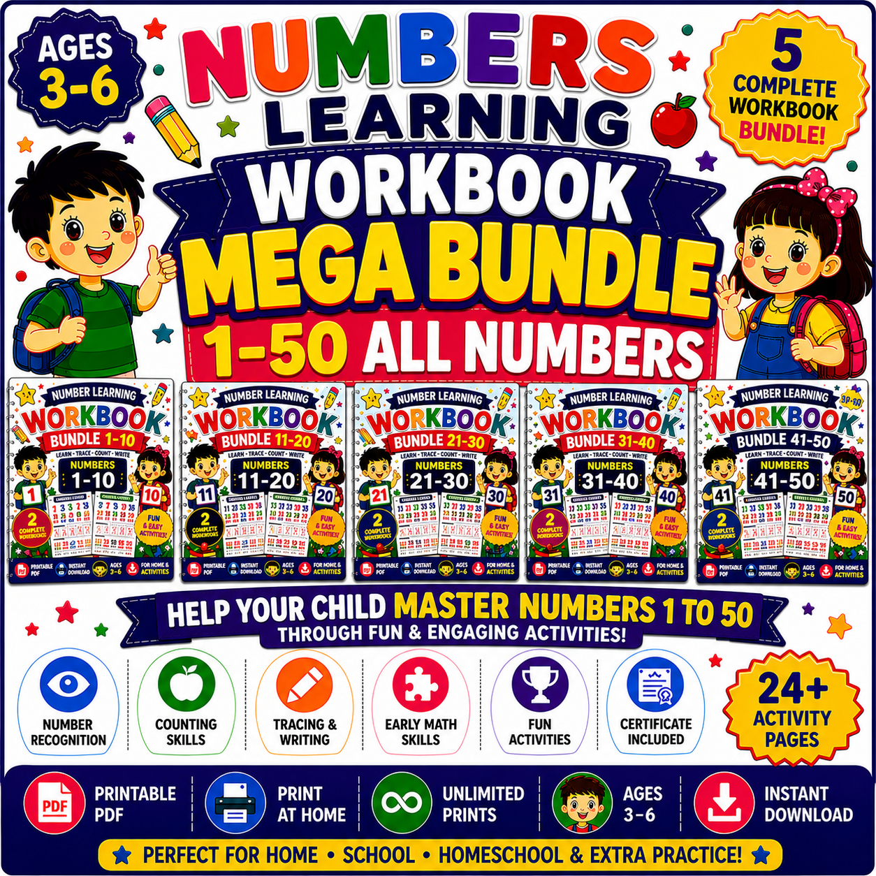 Numbers Learning Mega Bundle 1 to 50 printable preschool and kindergarten math worksheets PDF featuring complete number tracing, counting, coloring, and early math activities