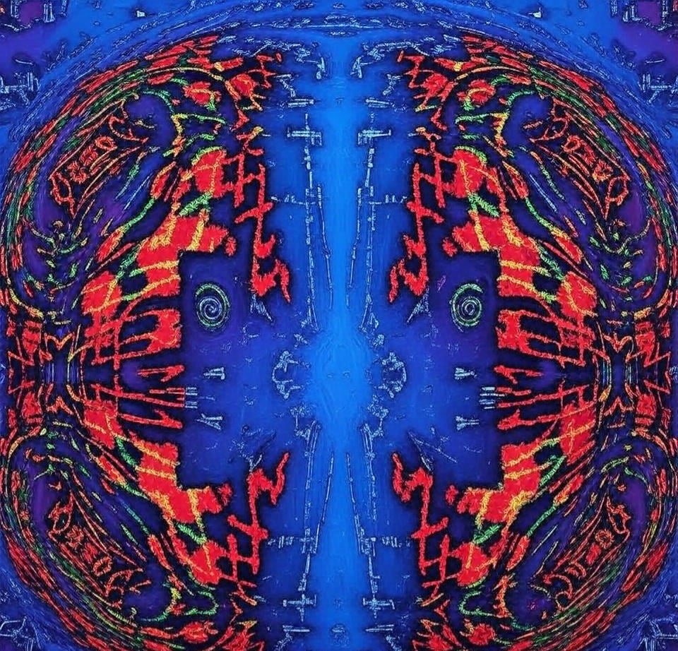 Surreal neon blue cross background with red and orange tribal design framework created by Oregonleatherboy