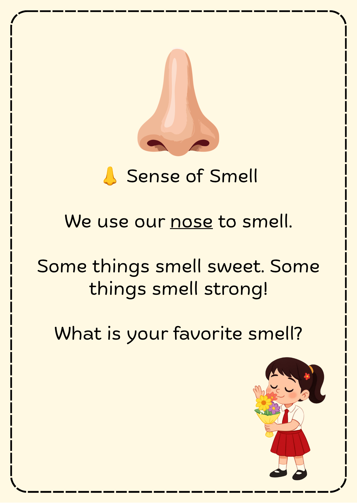 Printable Five Senses flashcards featuring sight, hearing, smell, taste, and touch with child-friendly illustrations for preschool, kindergarten, and early learning.