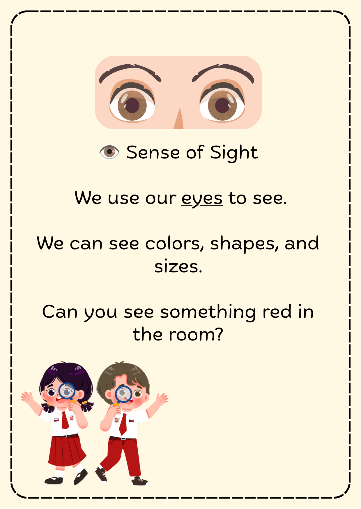 Printable Five Senses flashcards featuring sight, hearing, smell, taste, and touch with child-friendly illustrations for preschool, kindergarten, and early learning.