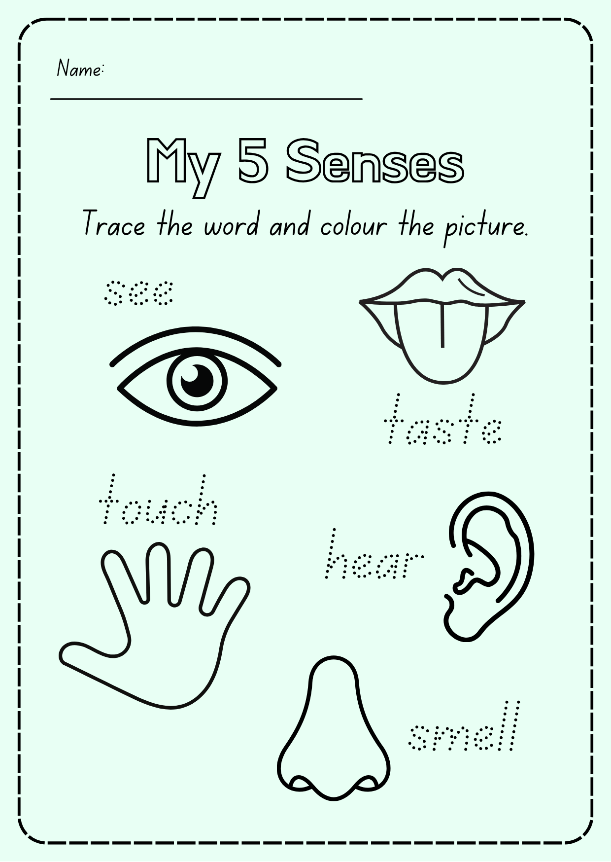 Printable Five Senses flashcards featuring sight, hearing, smell, taste, and touch with child-friendly illustrations for preschool, kindergarten, and early learning.