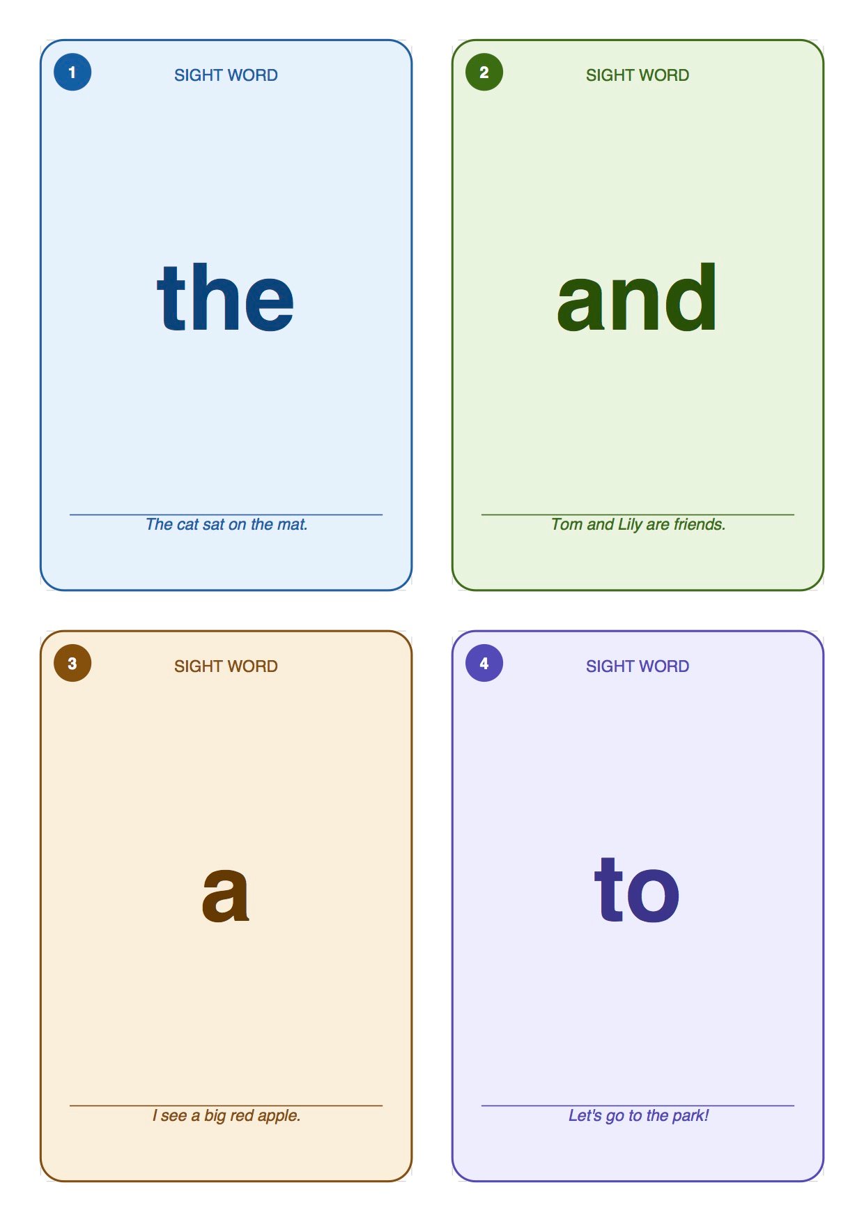Printable sight word flashcards with large easy-to-read words designed for preschool, kindergarten, and early reading practice.