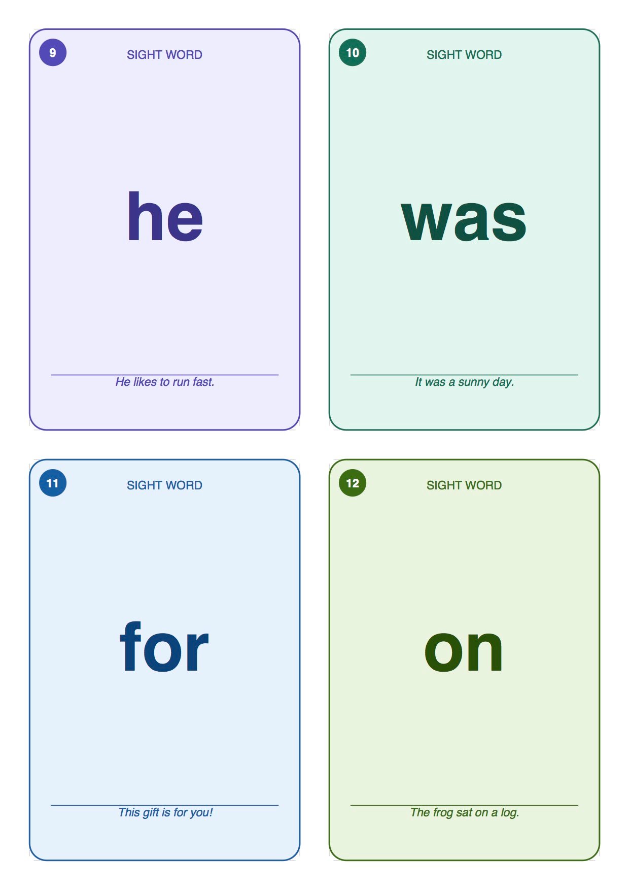 Printable sight word flashcards with large easy-to-read words designed for preschool, kindergarten, and early reading practice.