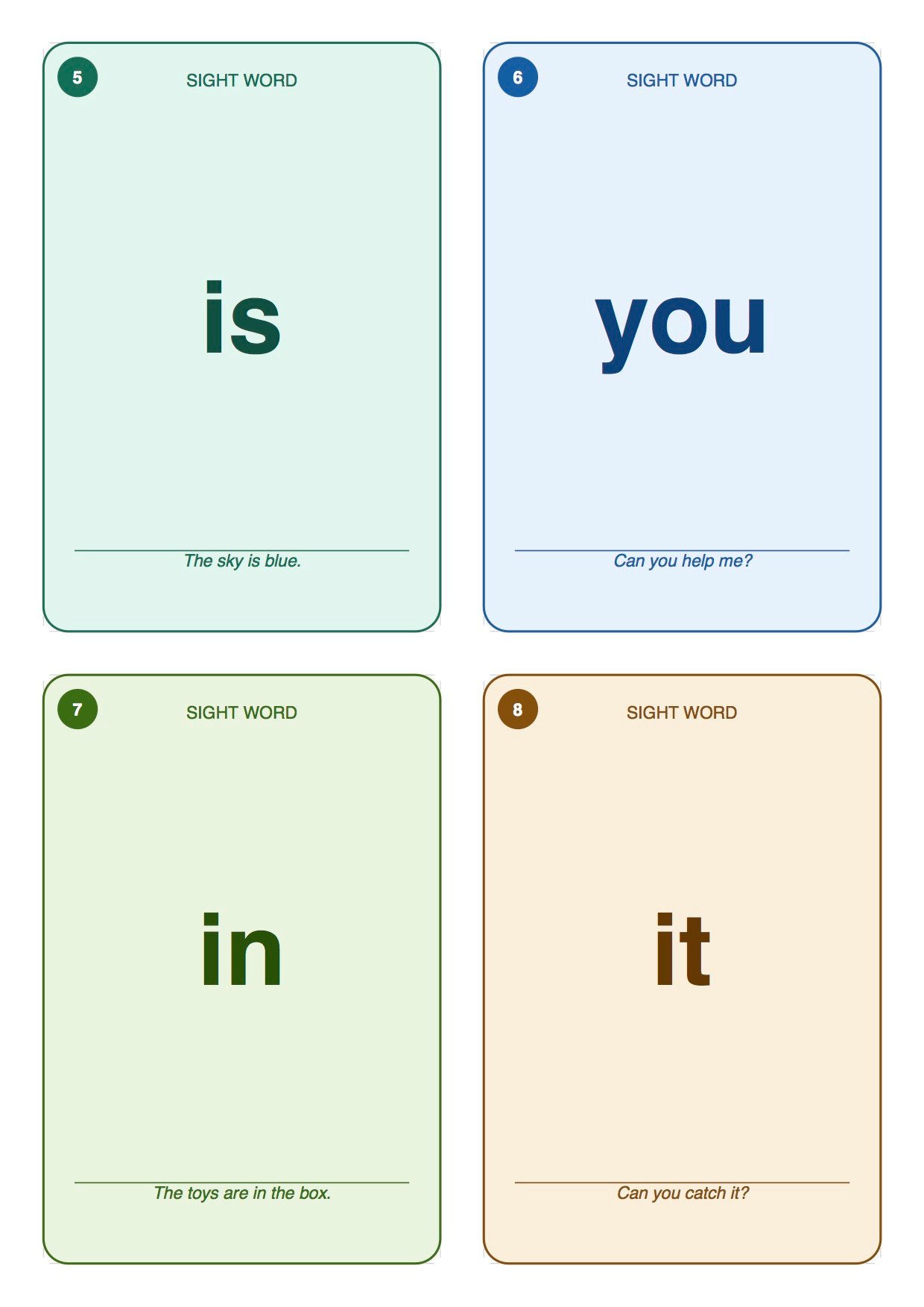 Printable sight word flashcards with large easy-to-read words designed for preschool, kindergarten, and early reading practice.