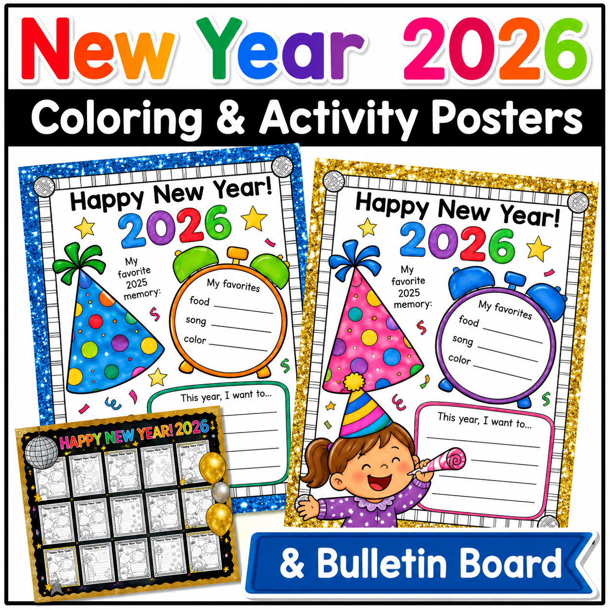 New Year 2026 Coloring Pages | Countdown Ball & Bulletin Board Activities